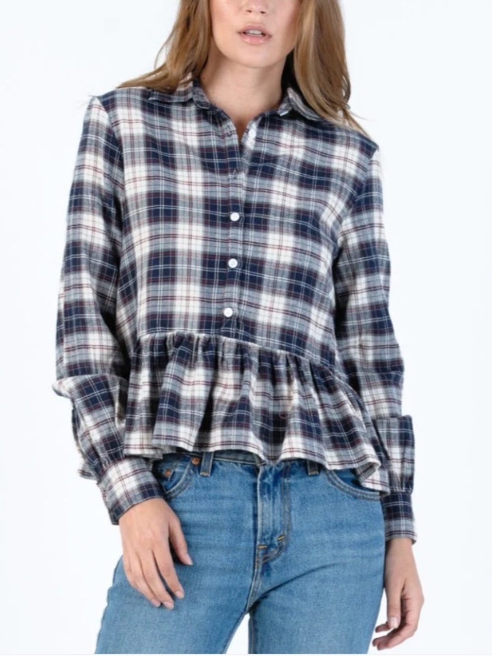 Birds Of Paradis Trovota Blue Multi Plaid Peplum Blouse Top Sz S Boho